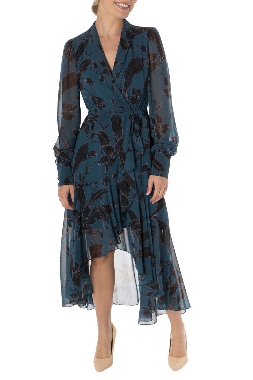Taylor 3015M High Floral Print Long Sleeve Cocktail Dress