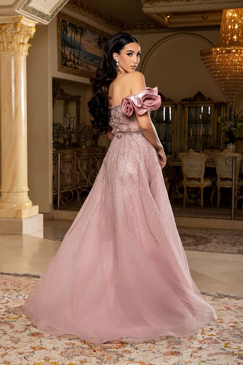 Dusty Rose Off-the-Shoulder Floor-Length Mesh Prom Dress Floral Sleeves May Queen MQRQ8260