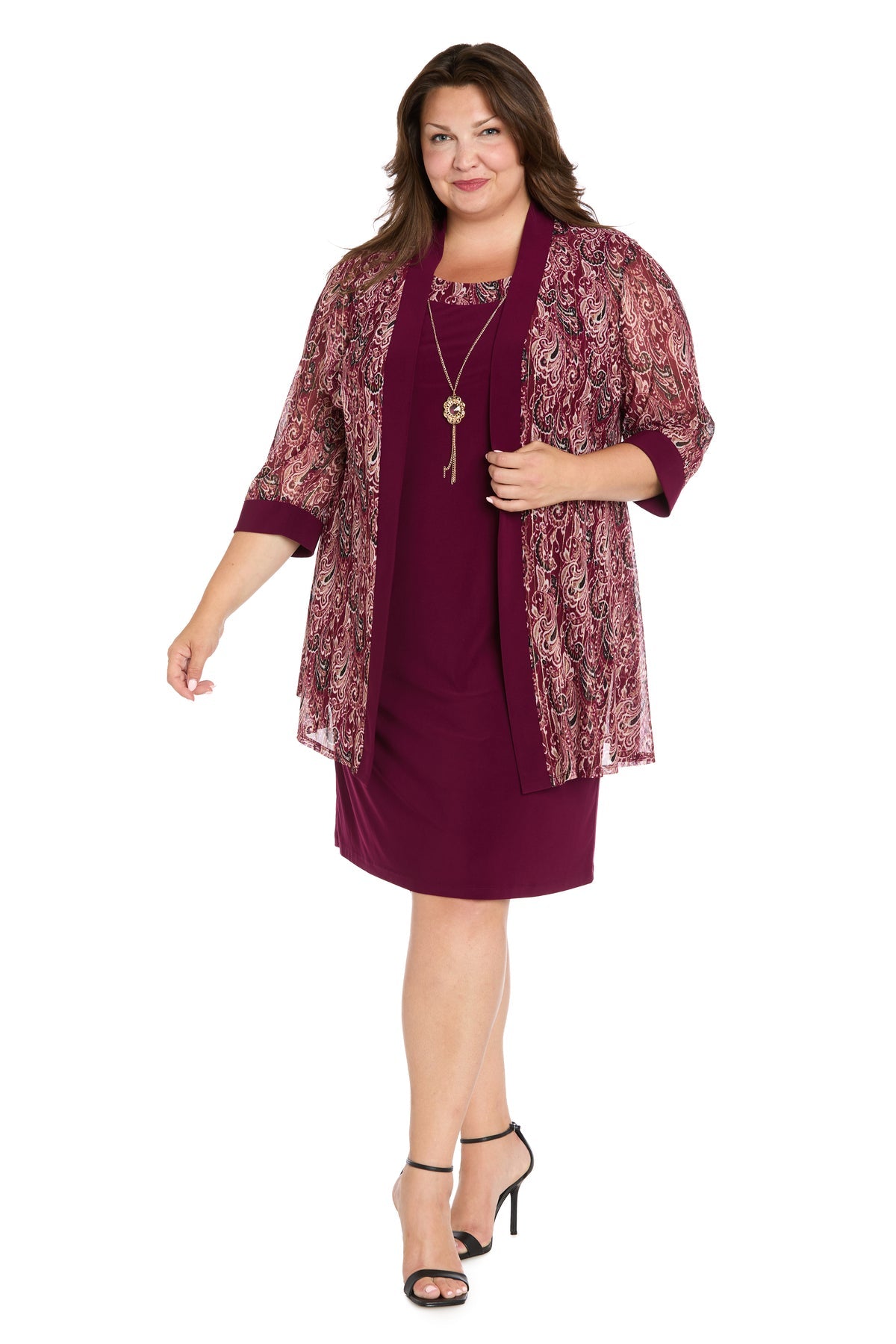 Scoop Knee-Length Paisley Cocktail Dress by R&M Richards 3029W in Wine