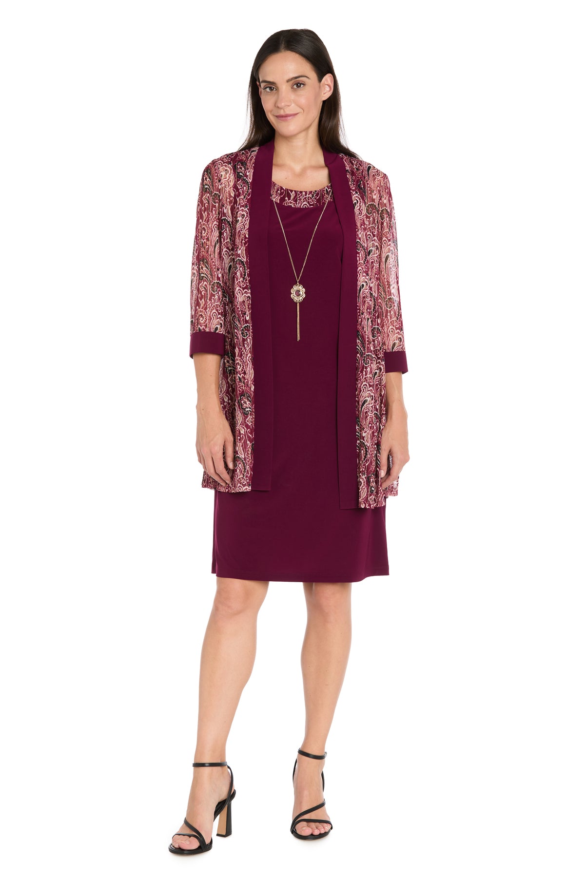 Square Neck Knee-Length Jacket Dress by R&M Richards 3029 in Wine