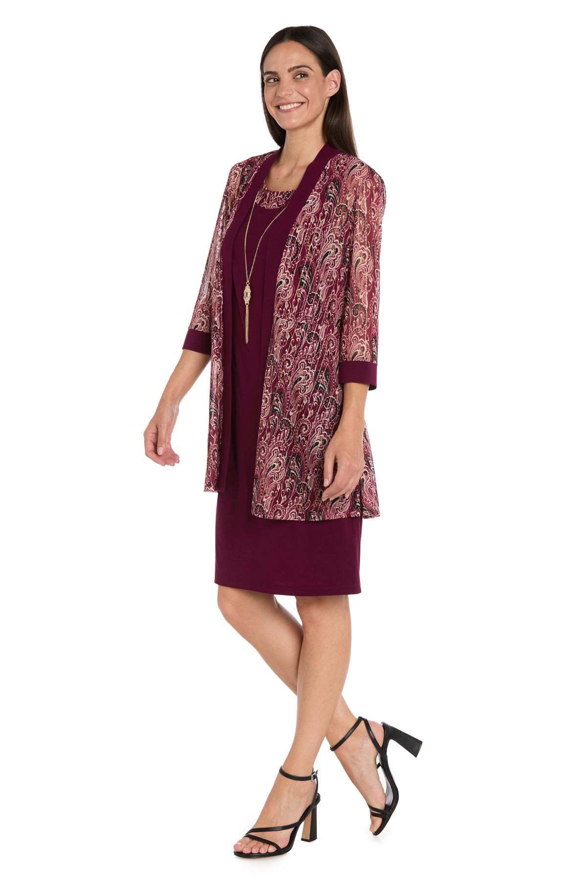 Square Neck Knee-Length Jacket Dress by R&M Richards 3029 in Wine