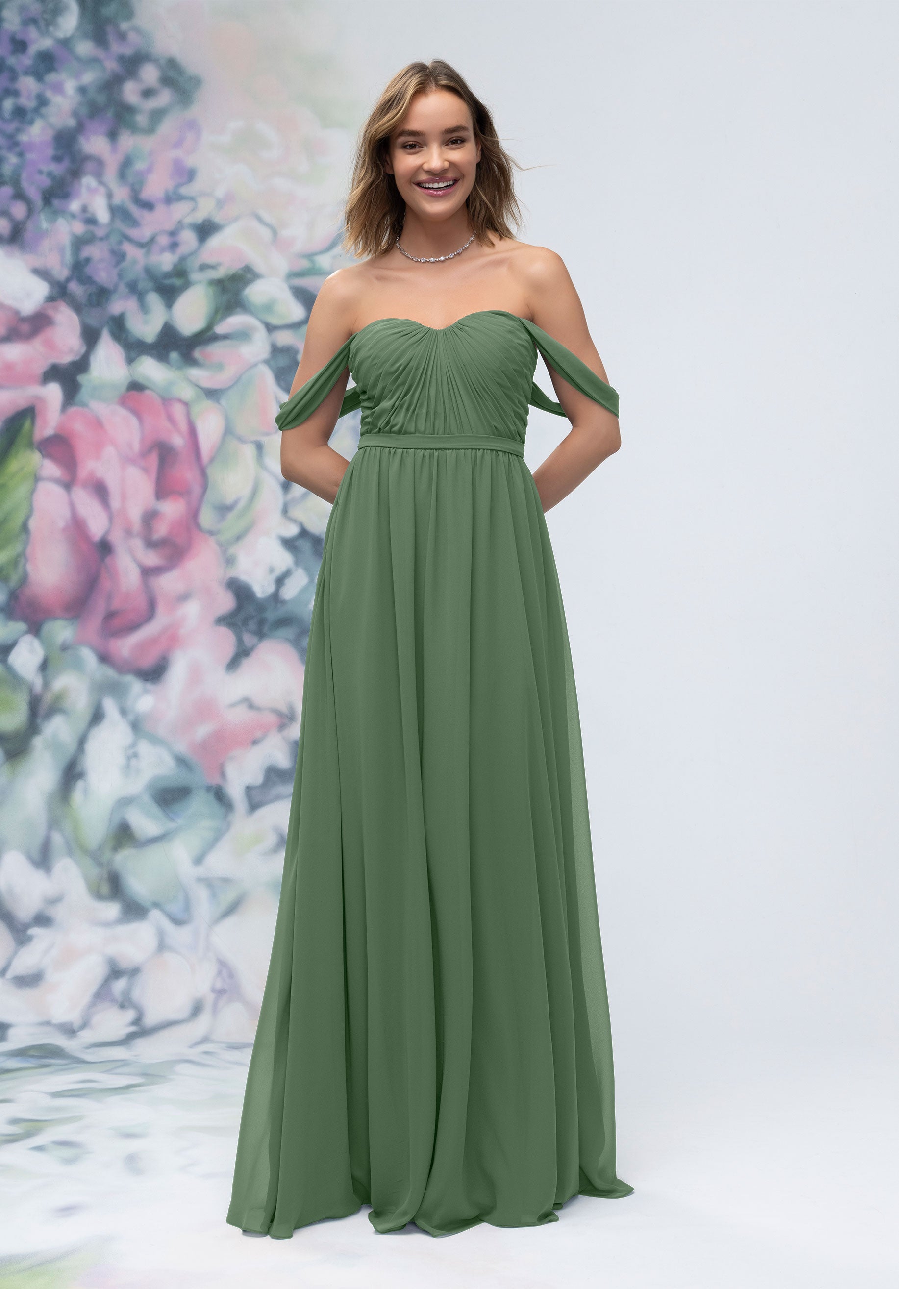 Formal Dresses Pleated Formal A Line Long Dress MGNY Madeline Gardner New York 3030003 Moss