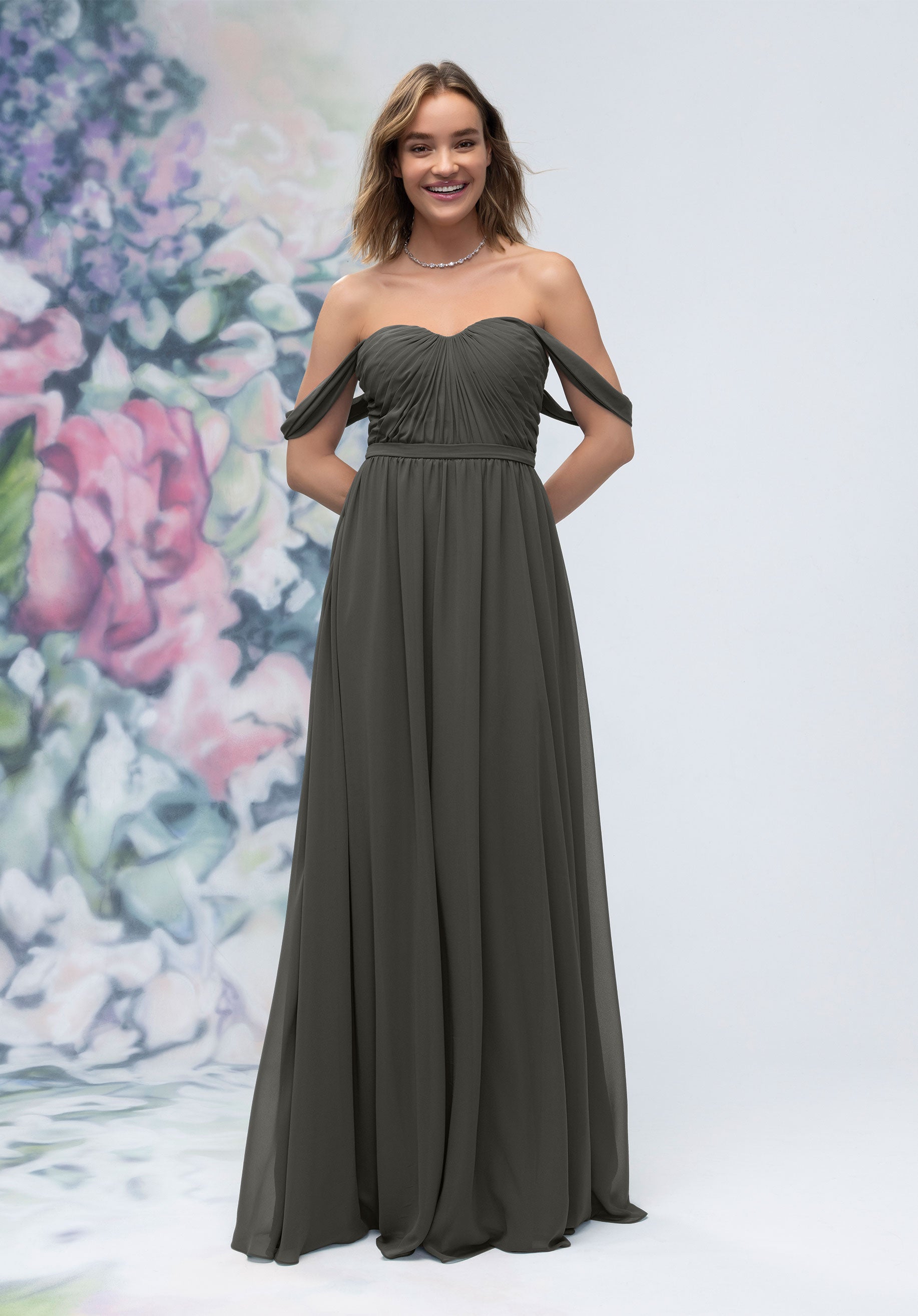 Formal Dresses Formal A Line Long Pleated Dress MGNY Madeline Gardner New York 3030003 Charcoal