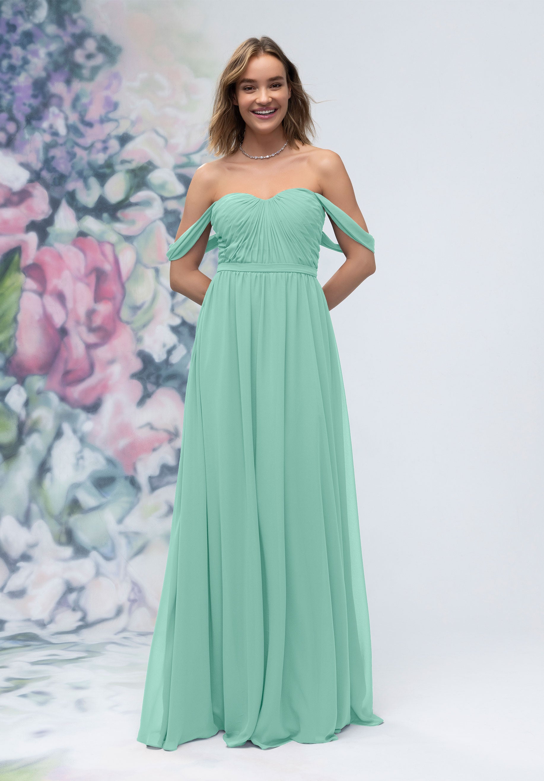 Formal Dresses Pleated Formal A Line Long Dress MGNY Madeline Gardner New York 3030003 Mint