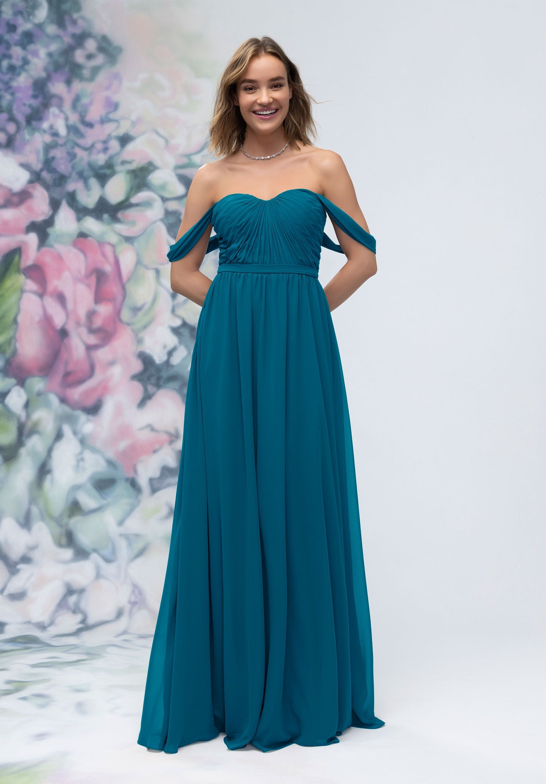 Formal Dresses Pleated Formal A Line Long Dress MGNY Madeline Gardner New York 3030003 Marine