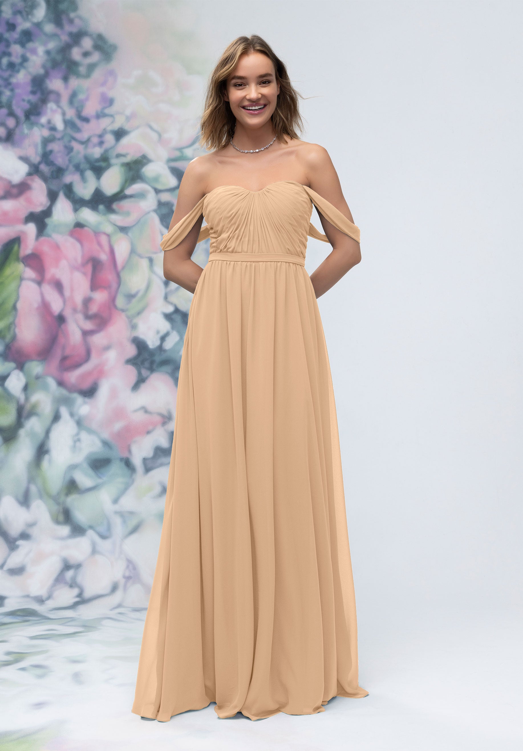 Formal Dresses Formal A Line Long Pleated Dress MGNY Madeline Gardner New York 3030003 Champagne