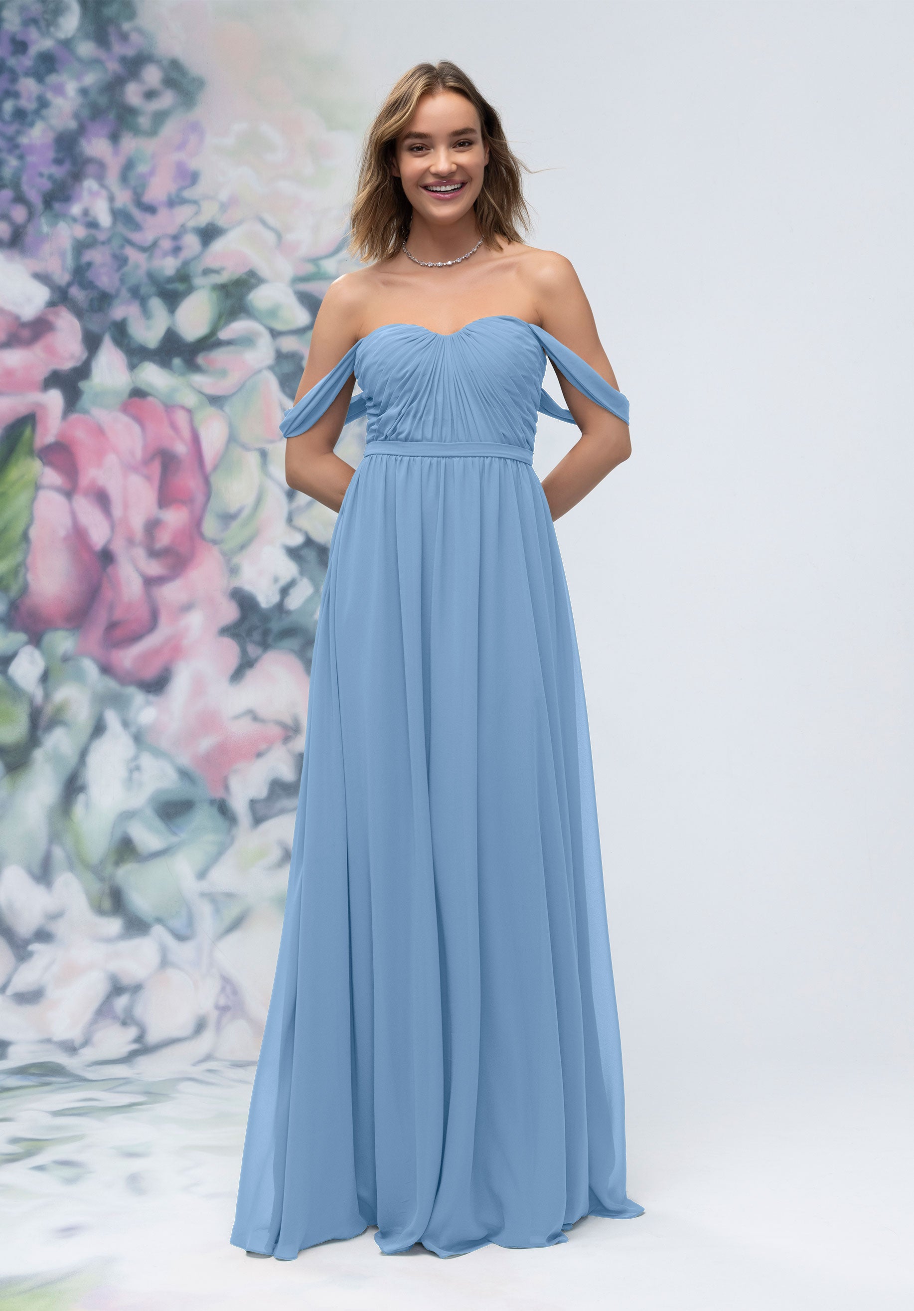 Formal Dresses Pleated A Line Long Formal Dress MGNY Madeline Gardner New York 3030003 Cornflower
