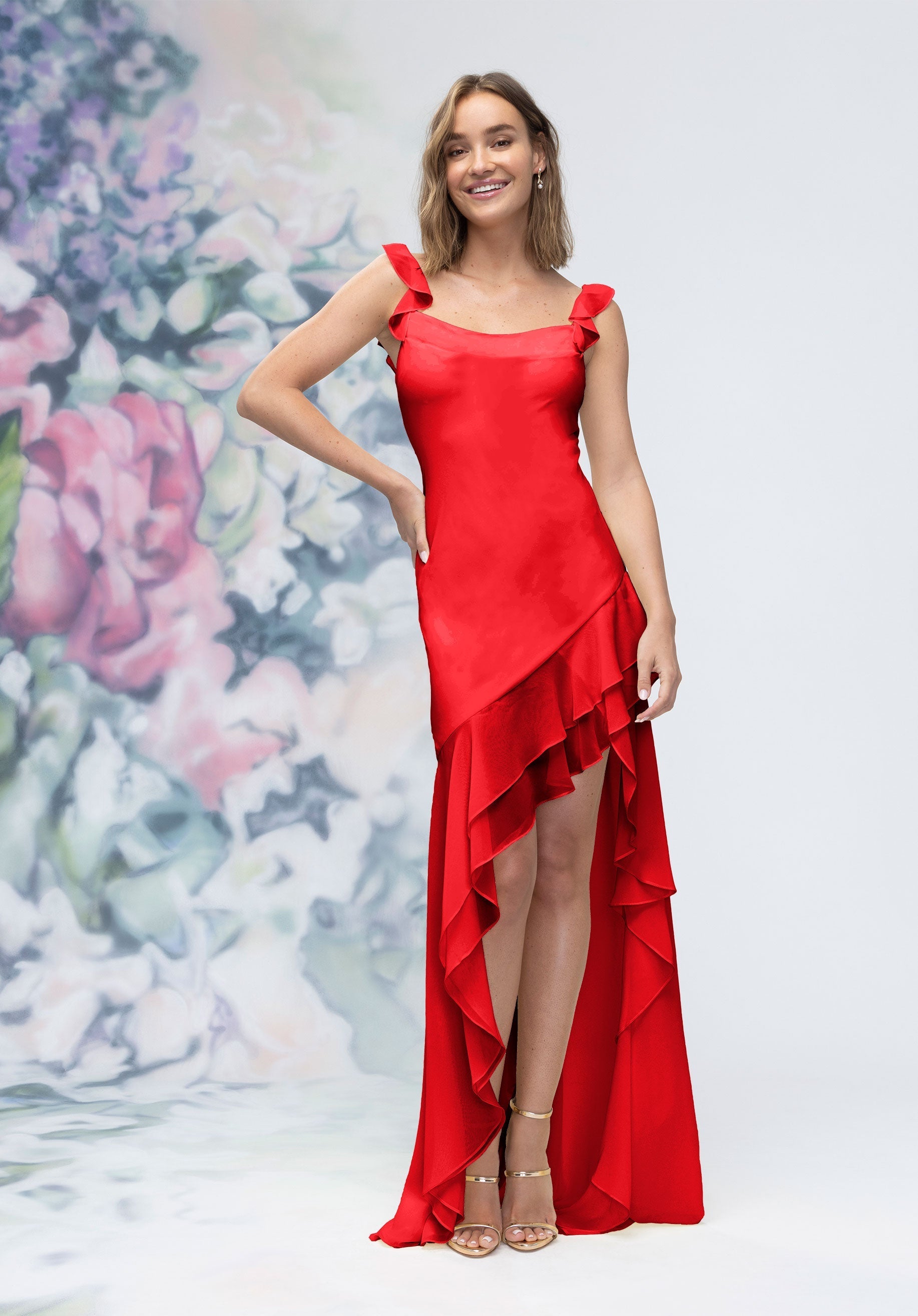 Prom Dresses Long Formal Ruffle High Low Prom Dress High Risk Red