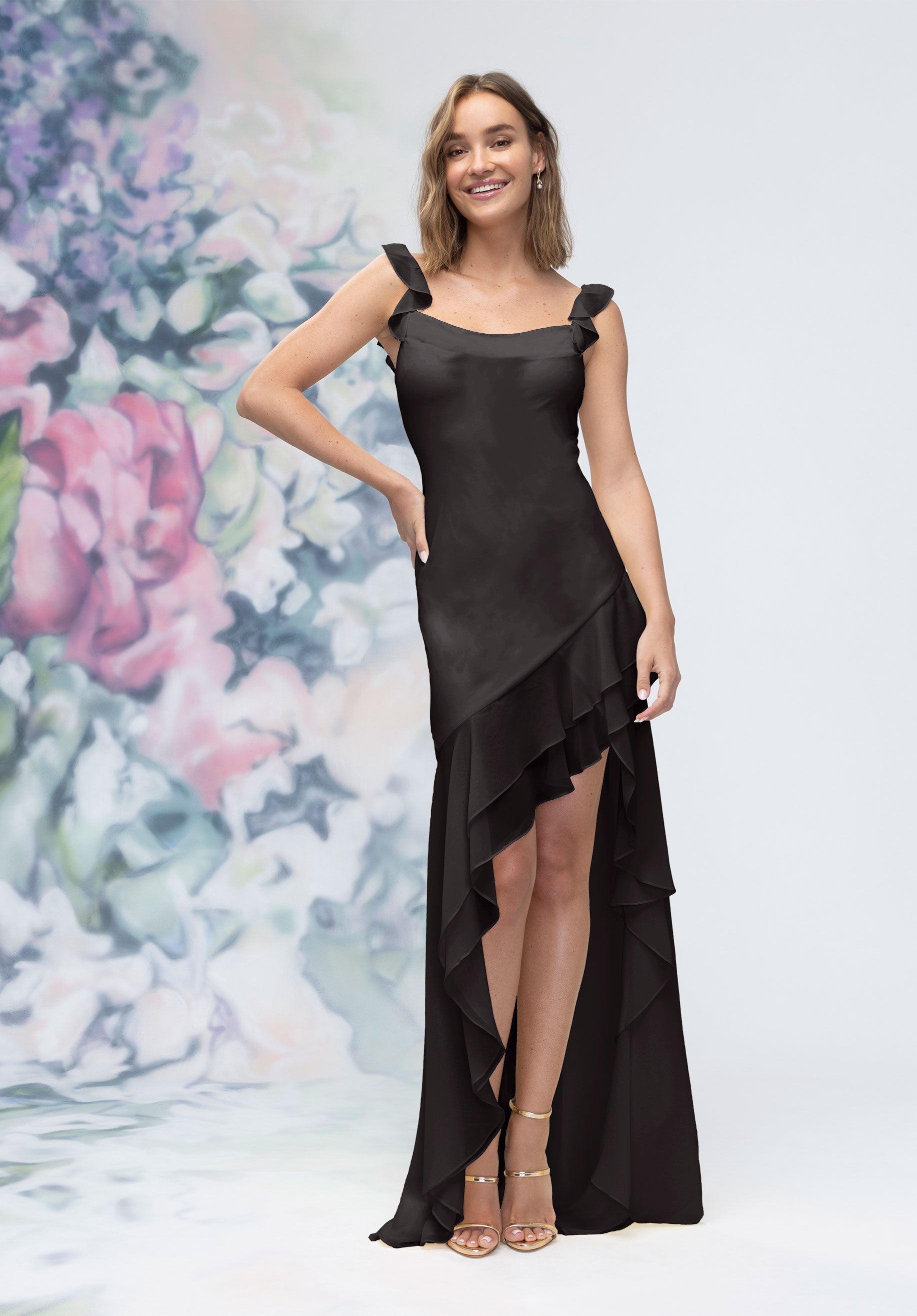 Prom Dresses High Low Ruffle Long Formal Prom Dress Black