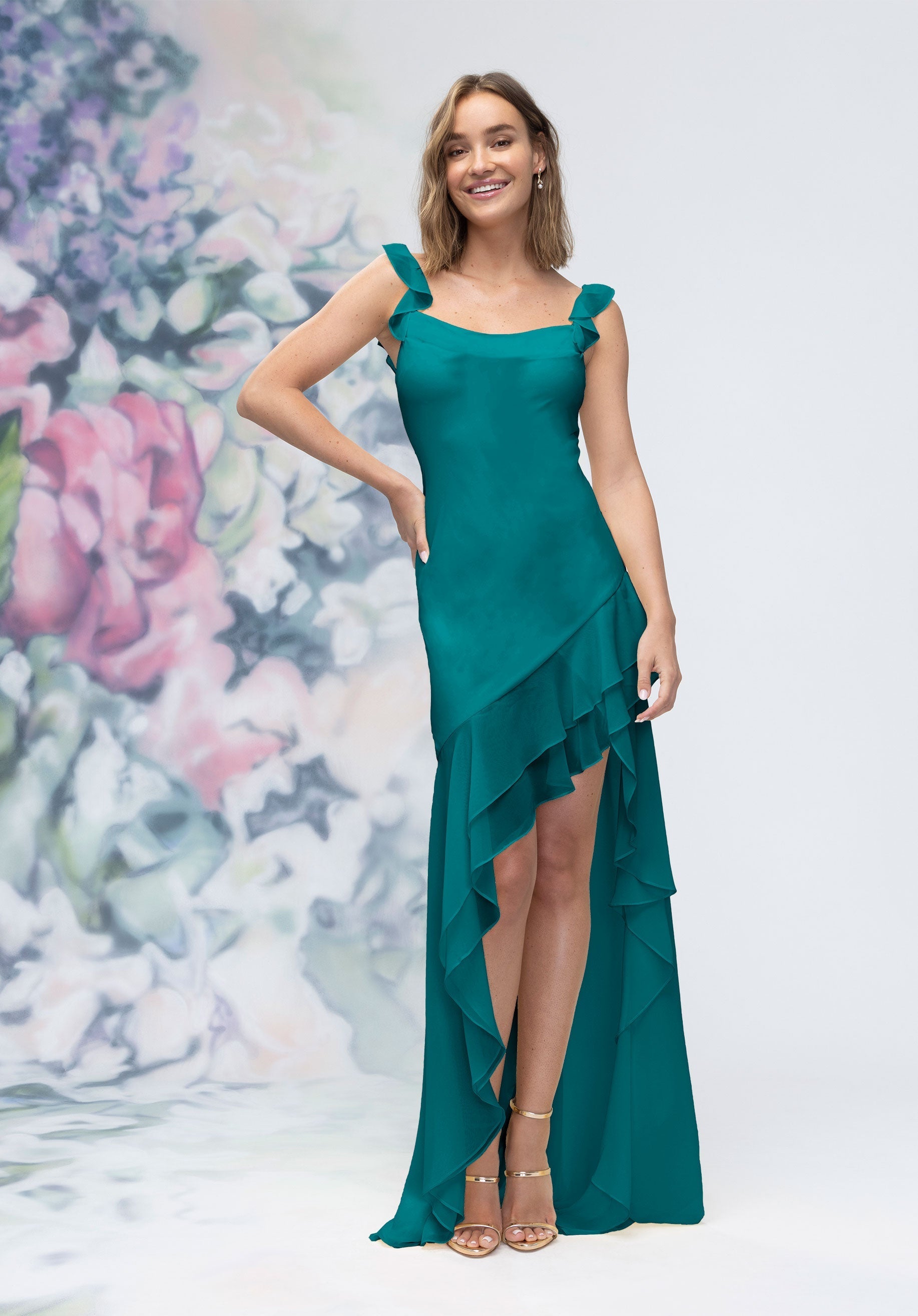 Prom Dresses Formal Long High Low Prom Ruffle Dress Teal