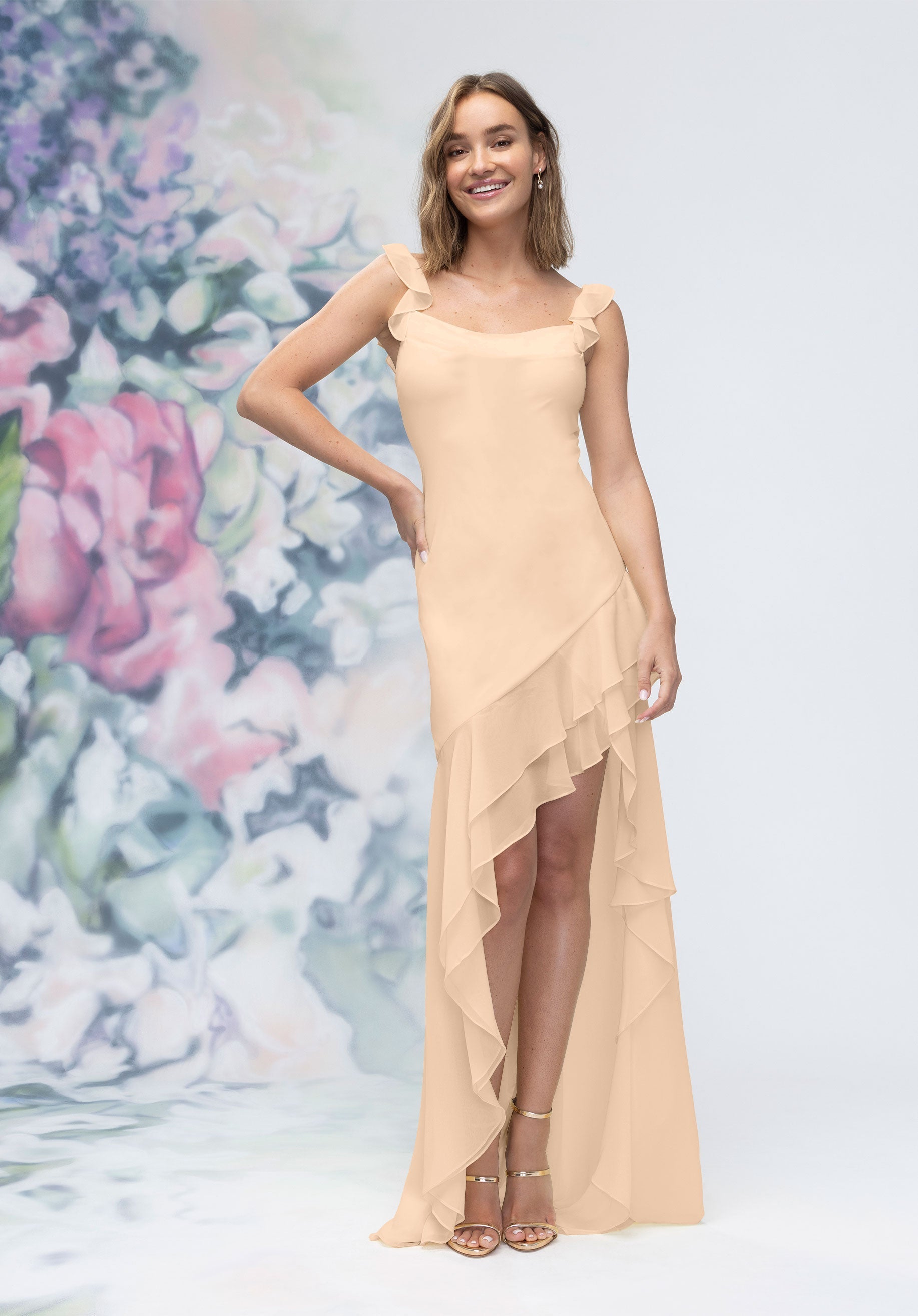Prom Dresses High Low Long Formal Ruffle Prom Dress Champagne