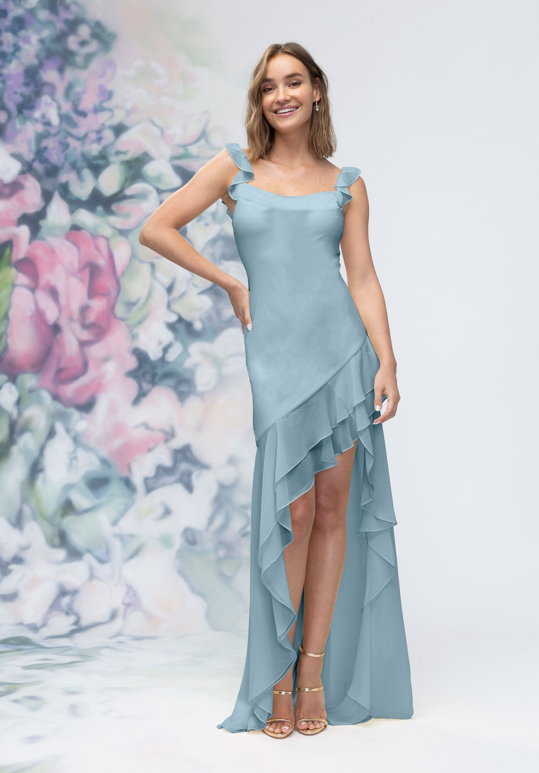 Prom Dresses Formal Long High Low Prom Ruffle Dress Slate