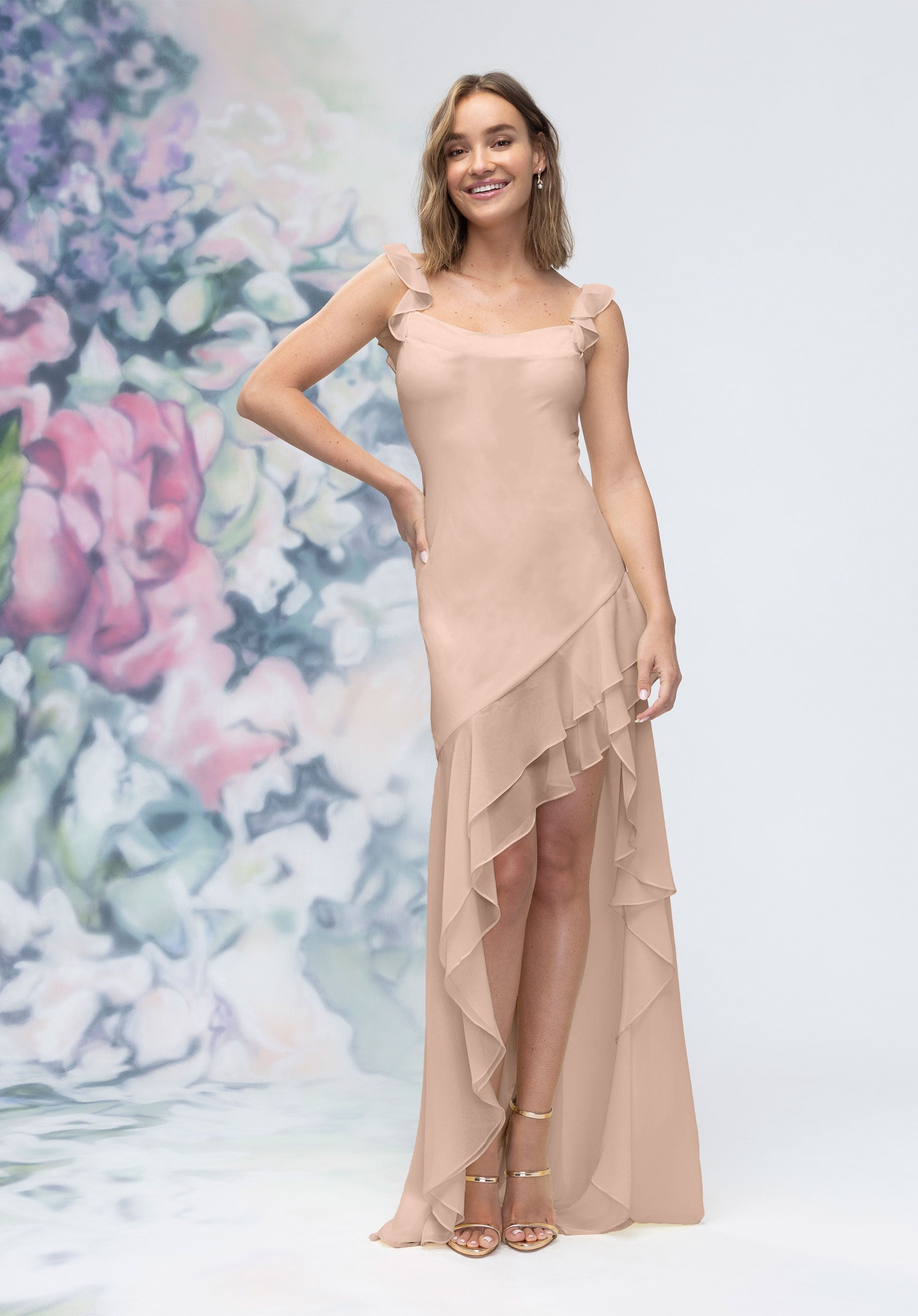 Prom Dresses Long Formal Ruffle High Low Prom Dress Latte