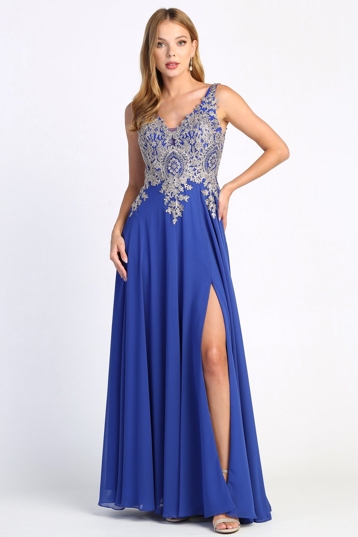 Adora Design Gold Applique V-Neck Chiffon Slit Long Prom Dress 3034P