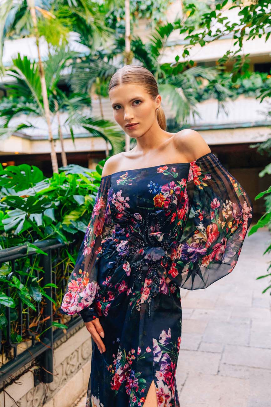 Alexander by Daymor 3045S25 A Line Floral Print Long Evening Slit Dress