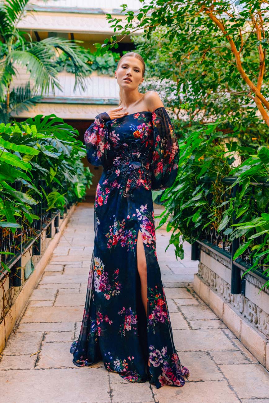 Formal Dress A Line Floral Print Long Evening Slit Dress Confetti Bouquet