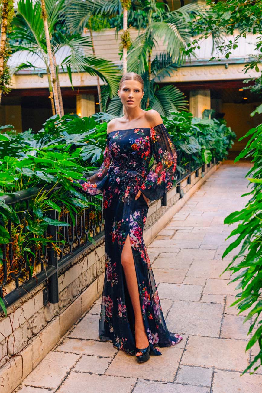 Alexander by Daymor 3045S25 A Line Floral Print Long Evening Slit Dress - Confetti Bouquet / 4 Alexander by Daymor 3045S25 A Line Floral Print Long Evening Slit Dress - Confetti Bouquet / 4