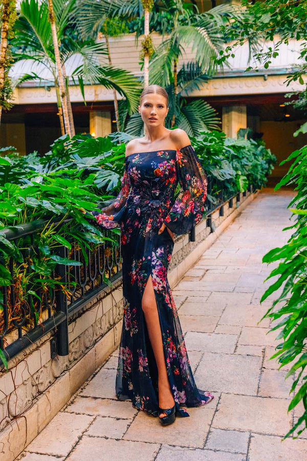 Alexander by Daymor 3045S25 A Line Floral Print Long Evening Slit Dress