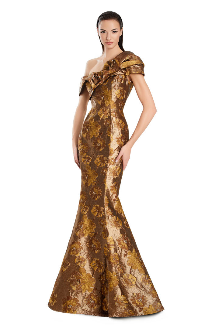 Formal Dresses Pleated Long Formal Printed Evening Dress Mocha/Gold