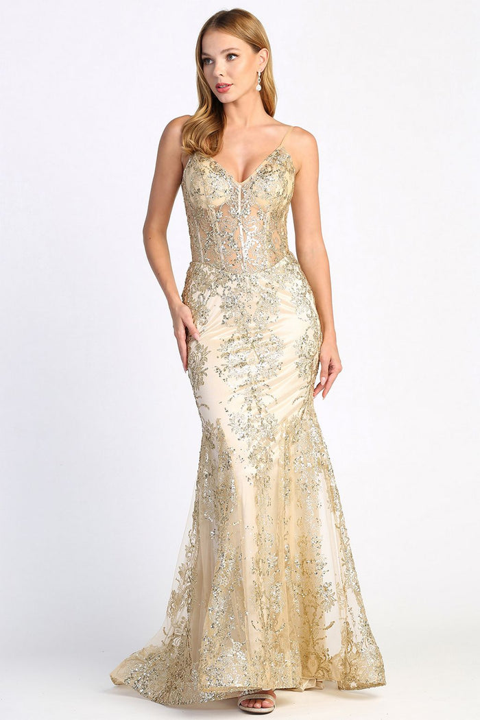 Prom Dresses Mermaid Long Formal Glitter Applique Prom Dress Champagne