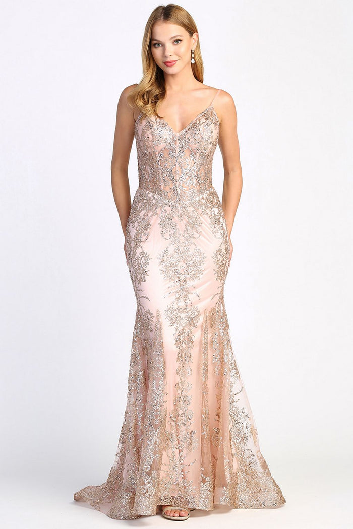 Prom Dresses Mermaid Long Formal Glitter Applique Prom Dress Rose Gold
