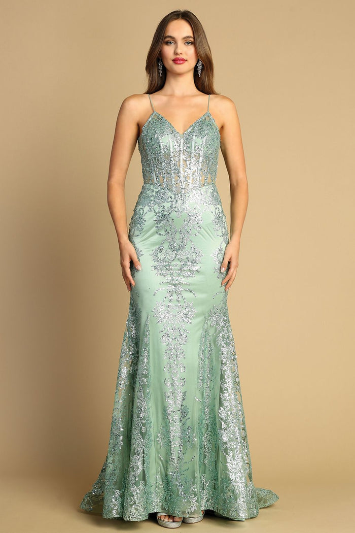 Prom Dresses Mermaid Long Formal Glitter Applique Prom Dress Sage