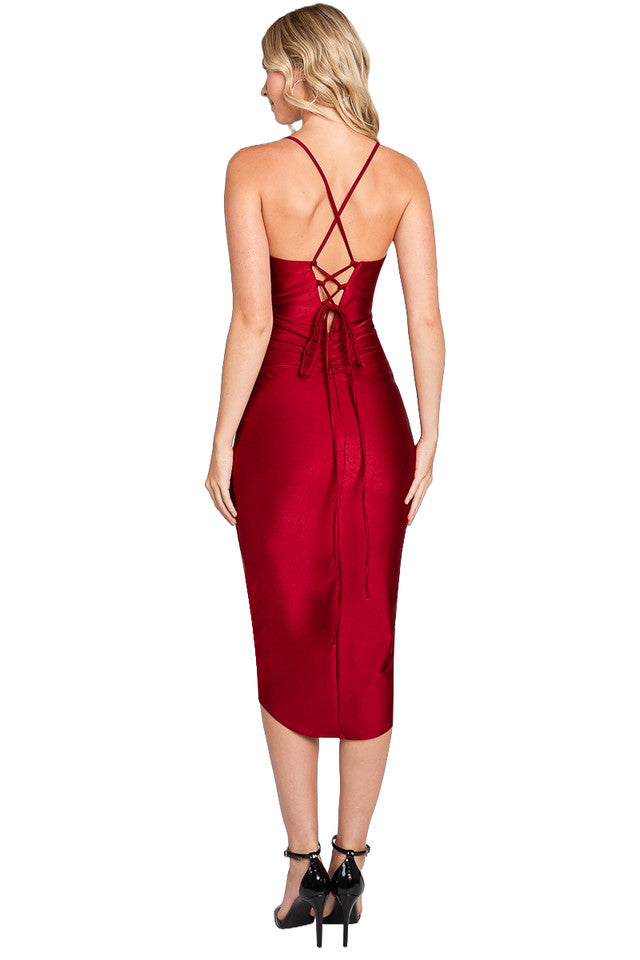 V-Neck Midi Satin Cocktail Fit & Flare Lenovia 3062