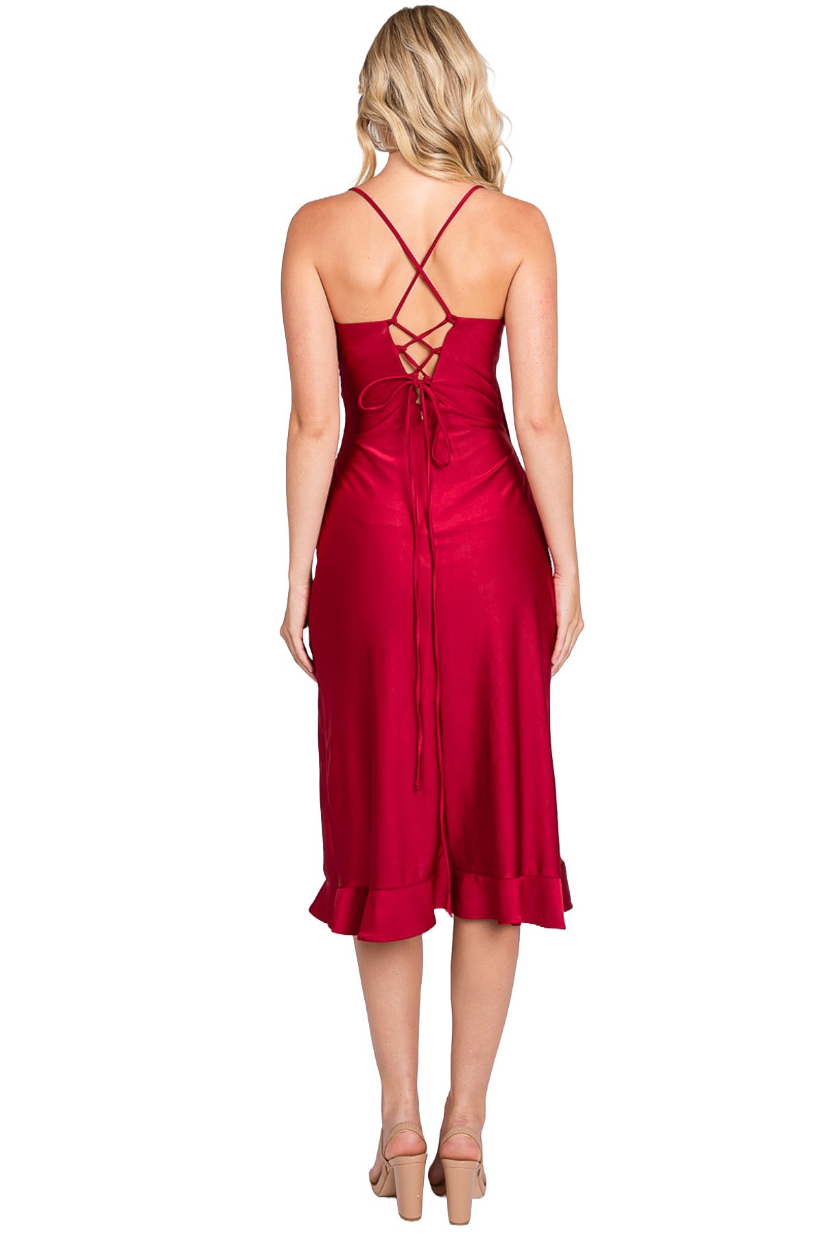V-Neck Midi Satin Cocktail Fit & Flare Lenovia 3065