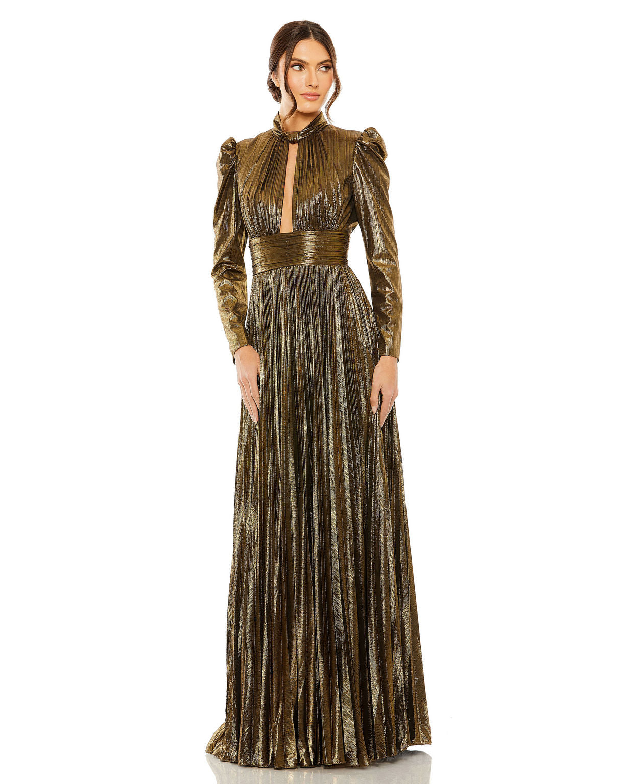 Antique Gold Mac Duggal 30758 Metallic Long Sleeve Pleated Formal Prom