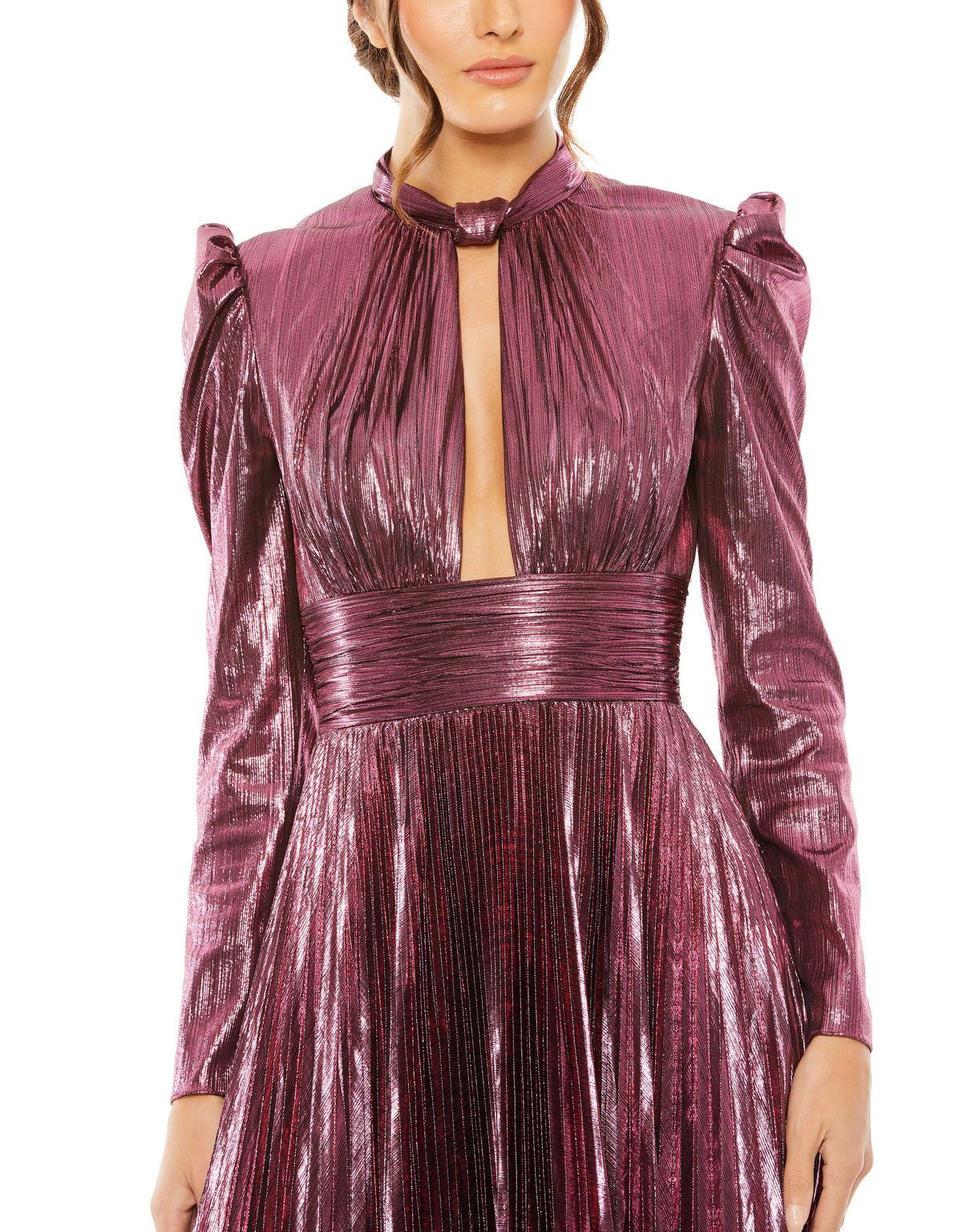 Mac Duggal 30758 Metallic Long Sleeve Pleated Formal Prom Dress