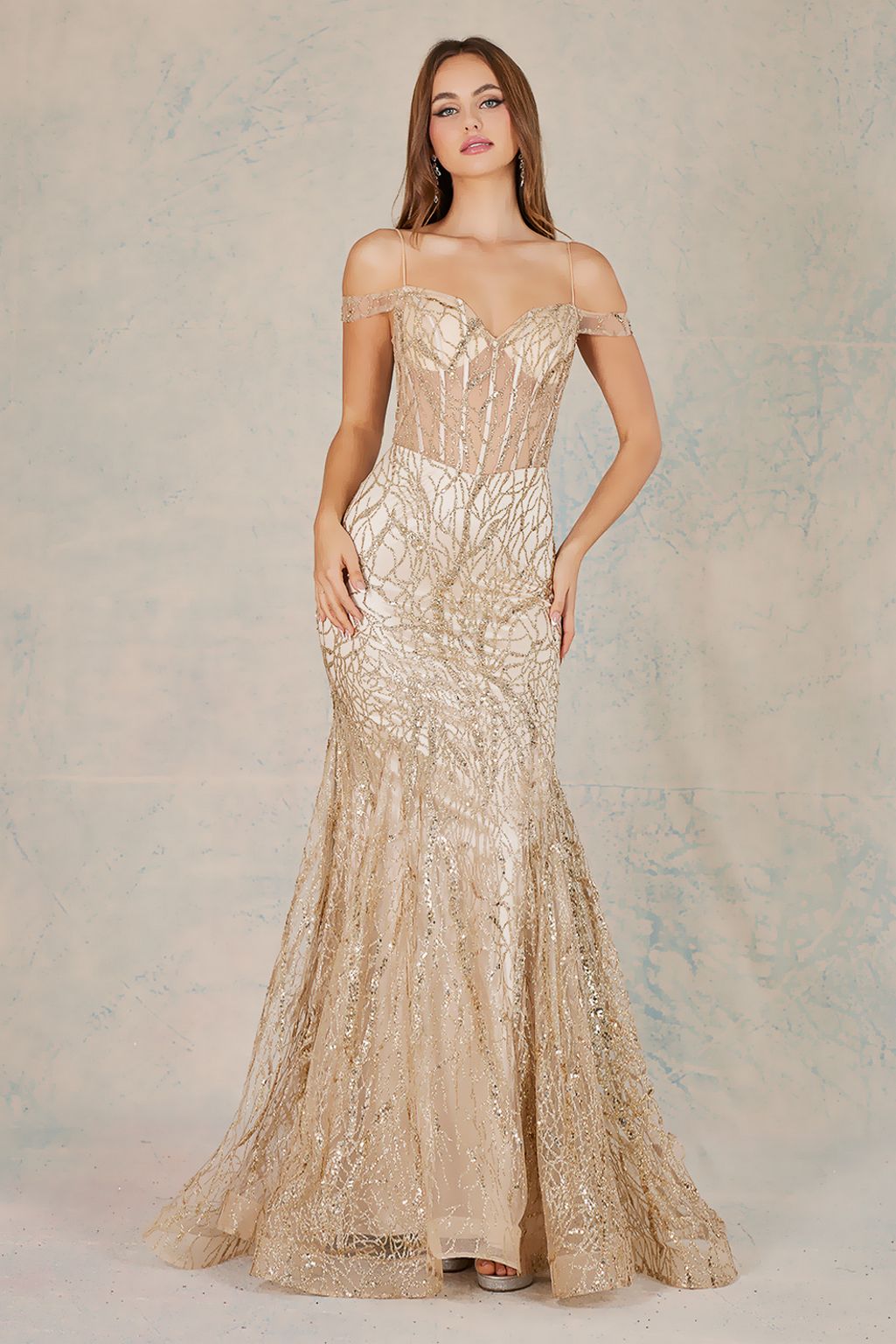 Adora 3075 Fitted Long Formal Glitter Mermaid Printed Prom Dress
