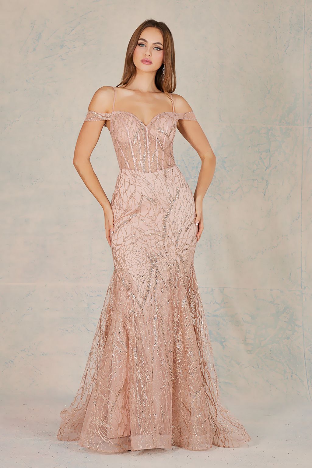 Adora 3075 Fitted Long Formal Glitter Mermaid Printed Prom Dress