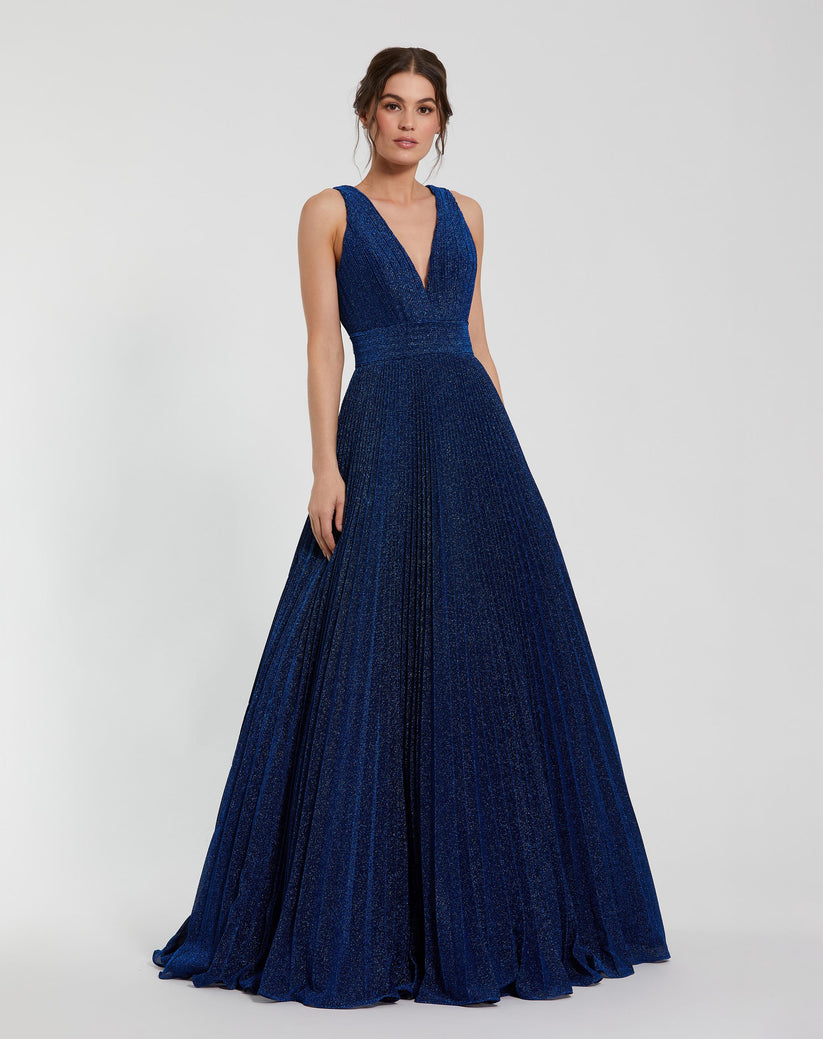 Mac Duggal Women's Shimmering Georgette Pleated Sleeveless Gown - Blue - Size 10