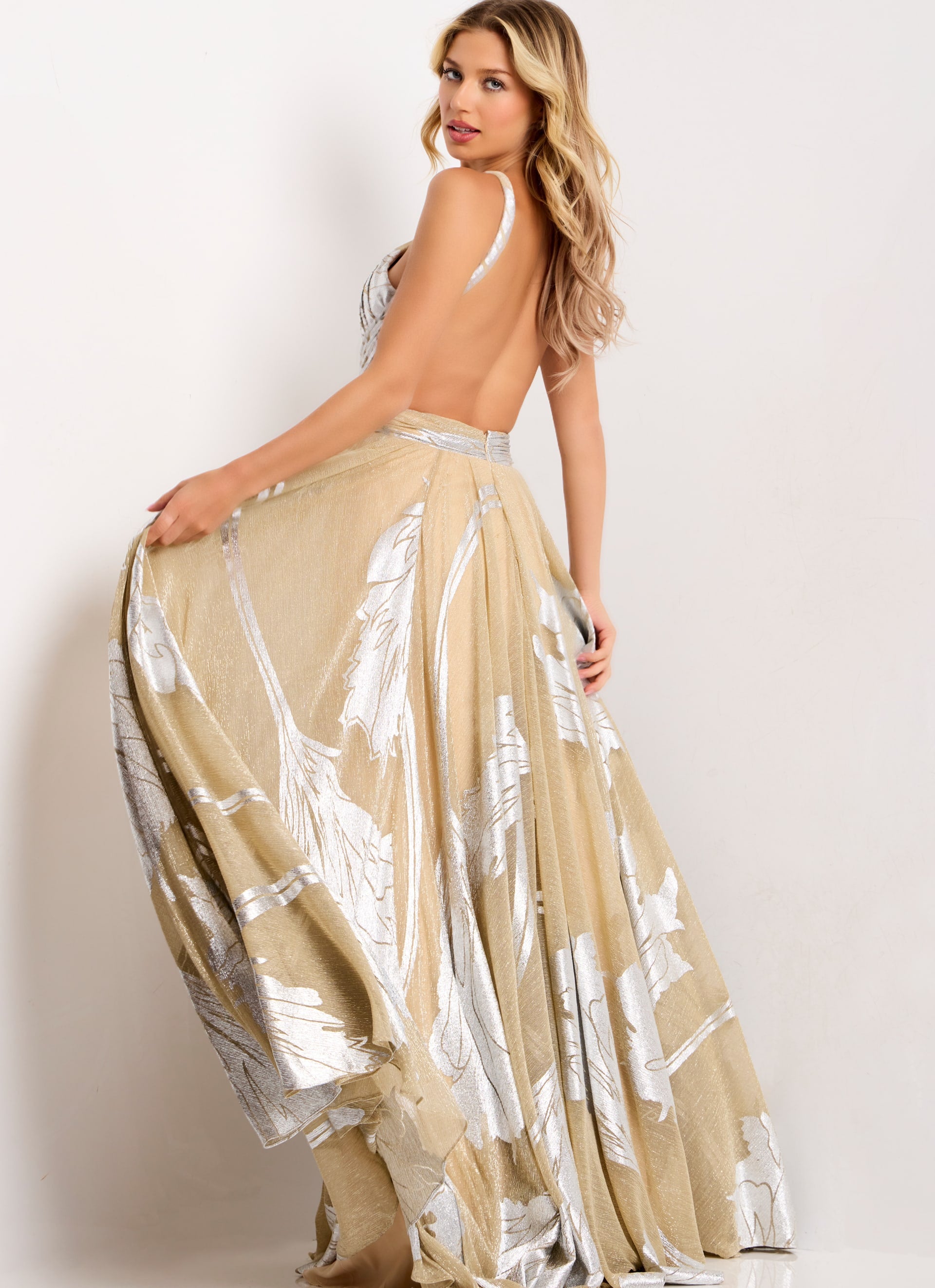 Prom Dresses Long Formal A Line Slit Metallic Prom Dress Jovani 44421 Nude/Silver