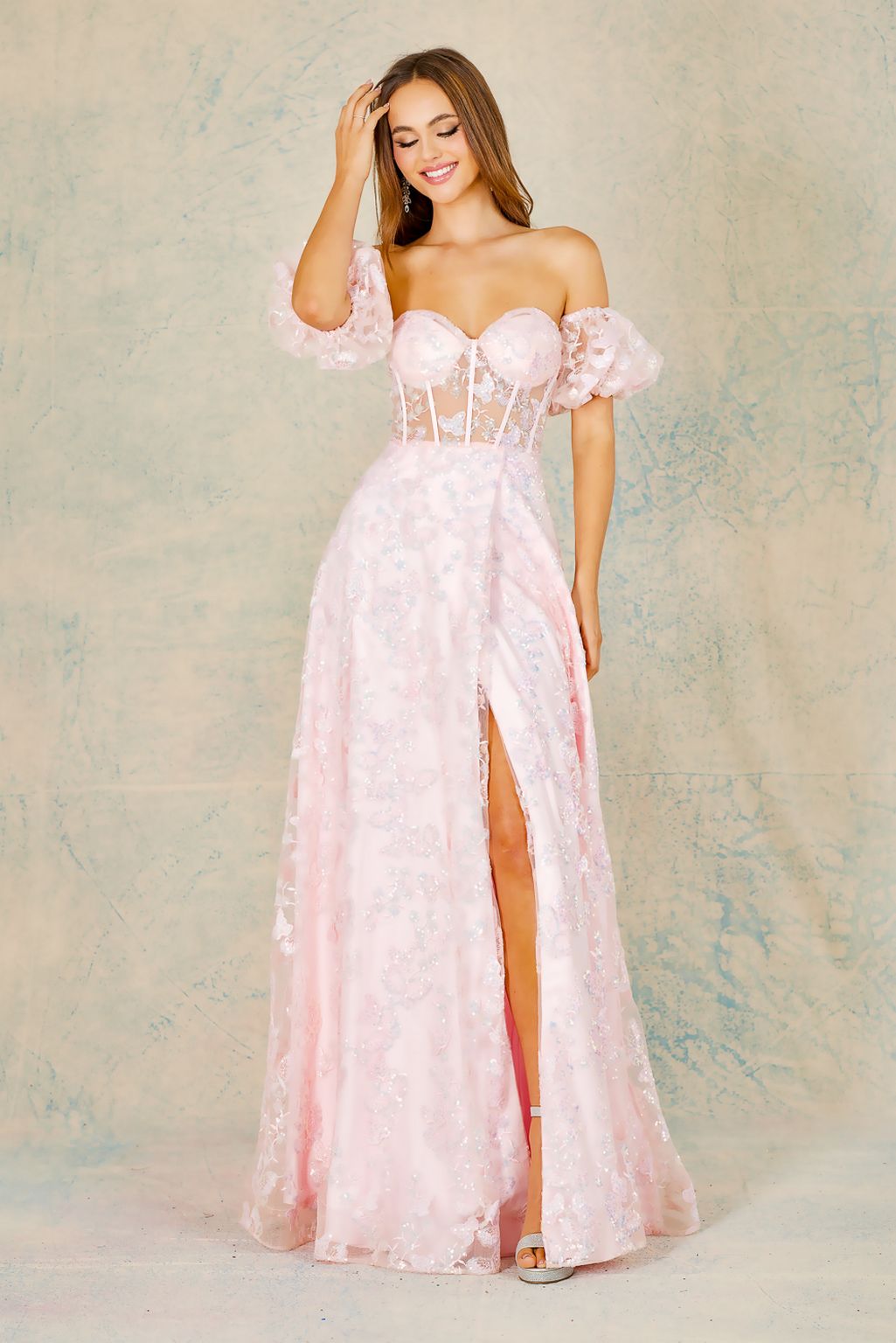 Adora 3083 Long Lace Prom Glitter Slit Formal Dress