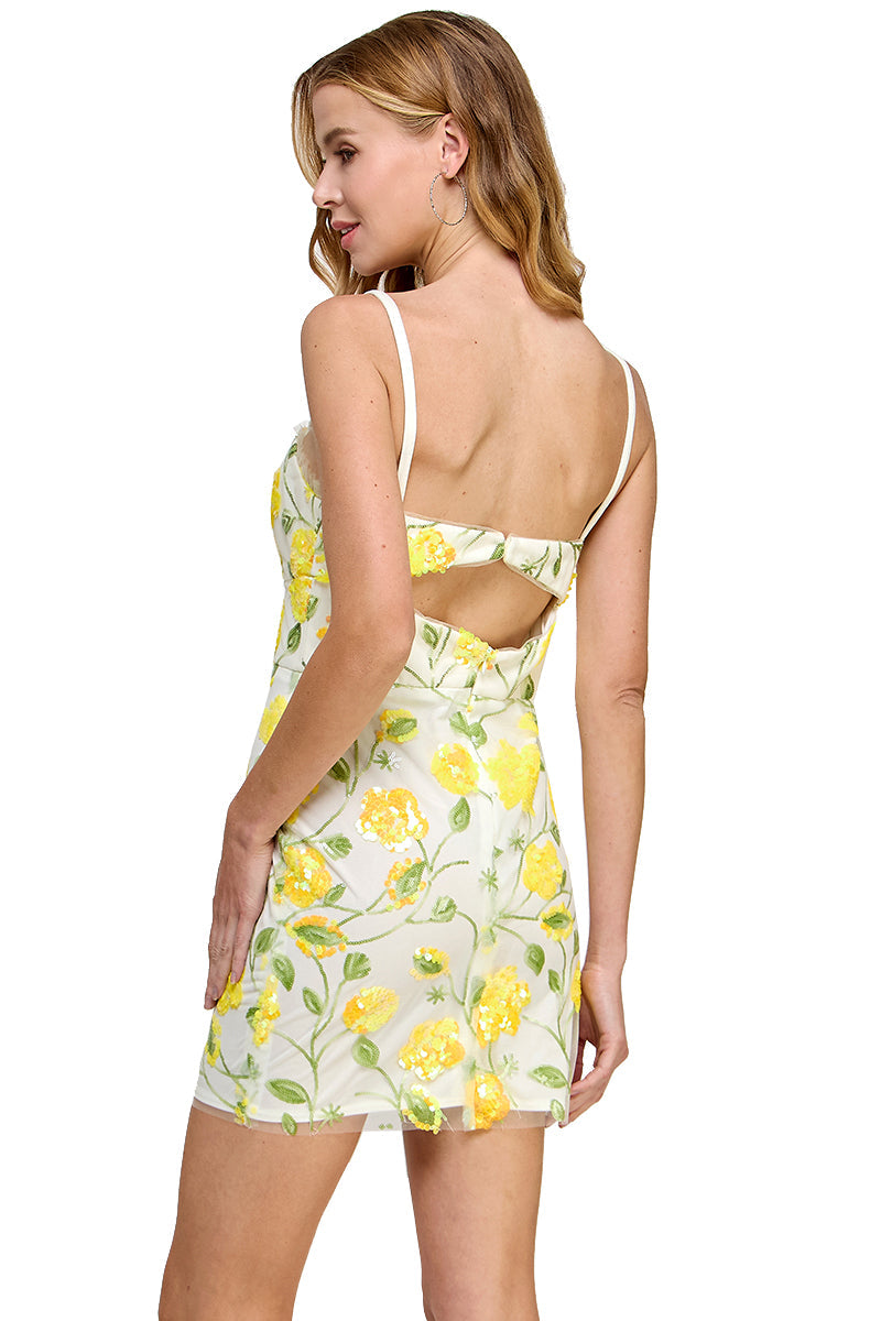 Morgan & Co 3084 Short Sequin Floral Print Mini Cocktail Dress