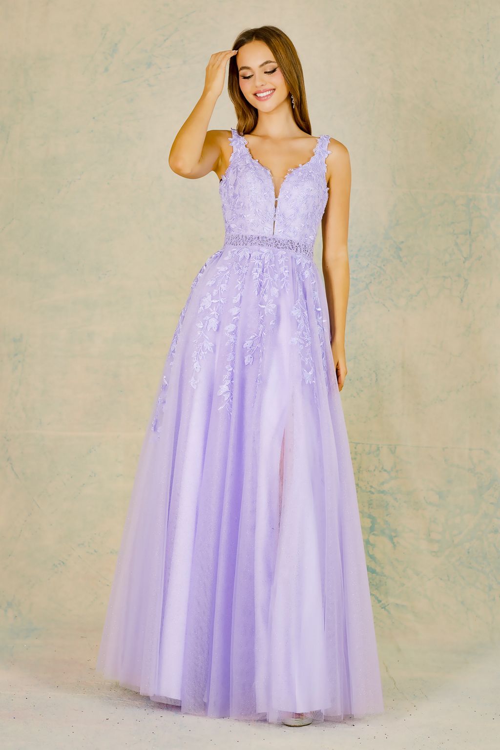 Adora 3085 Long Formal A Line Glitter Lace Prom Dress