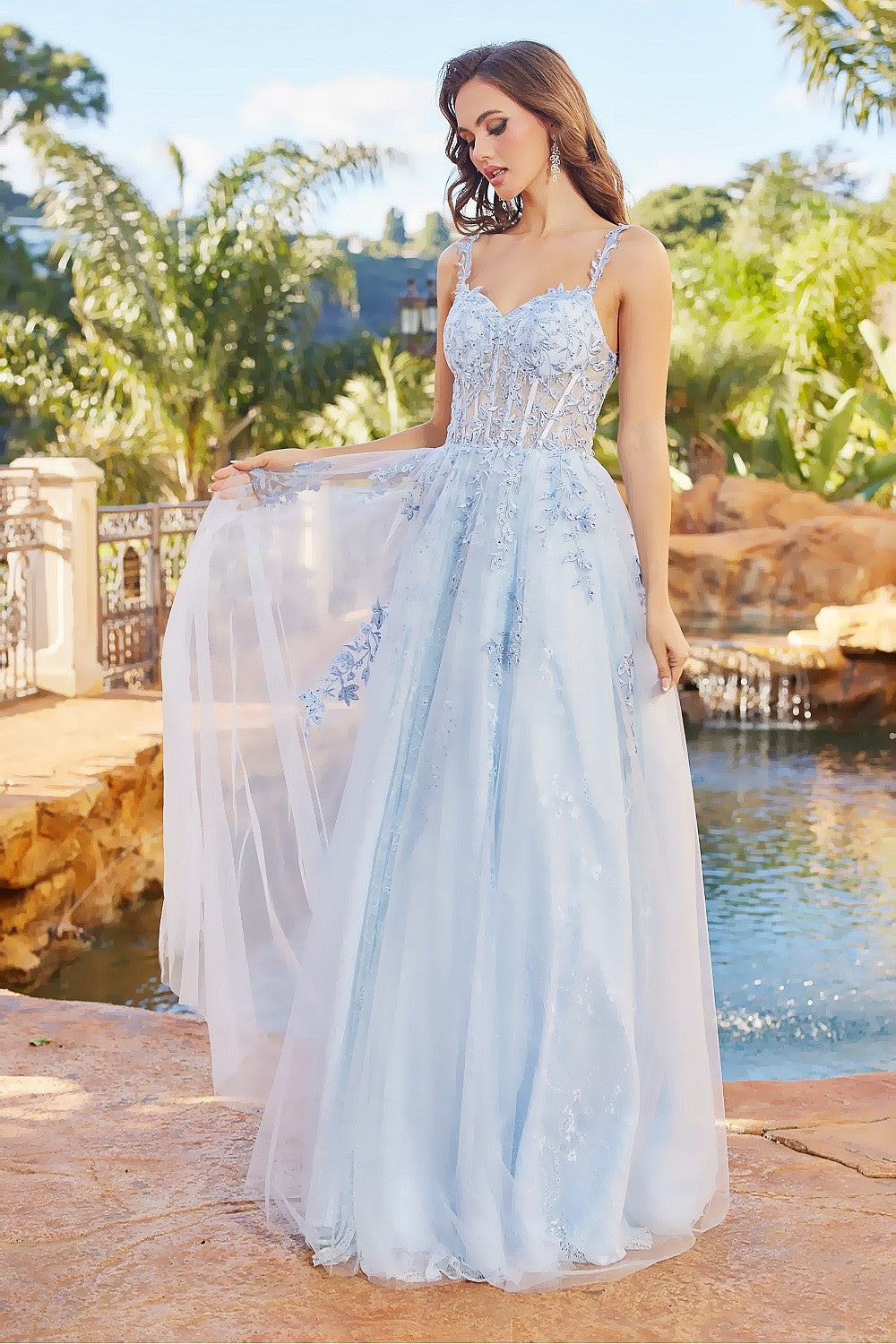 Adora 3087 Long A Line Corset Formal Applique Prom Dress