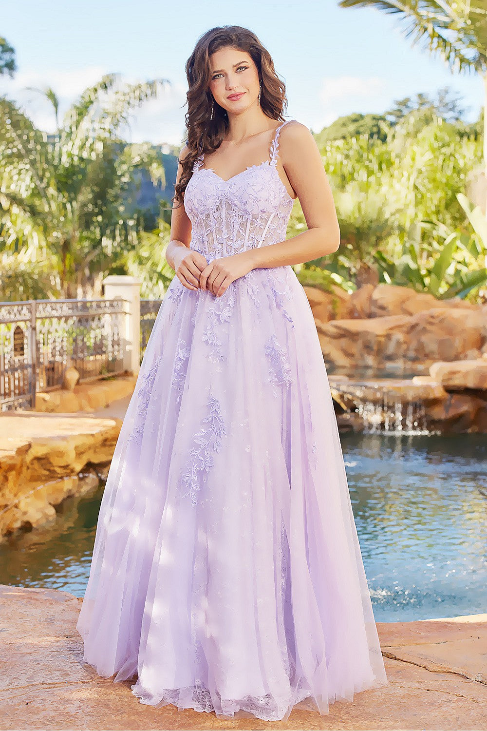 Adora 3087 Long A Line Corset Formal Applique Prom Dress
