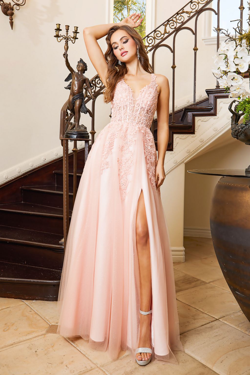 Adora 3088 Long Slit Prom A Line Lace fomal Dress