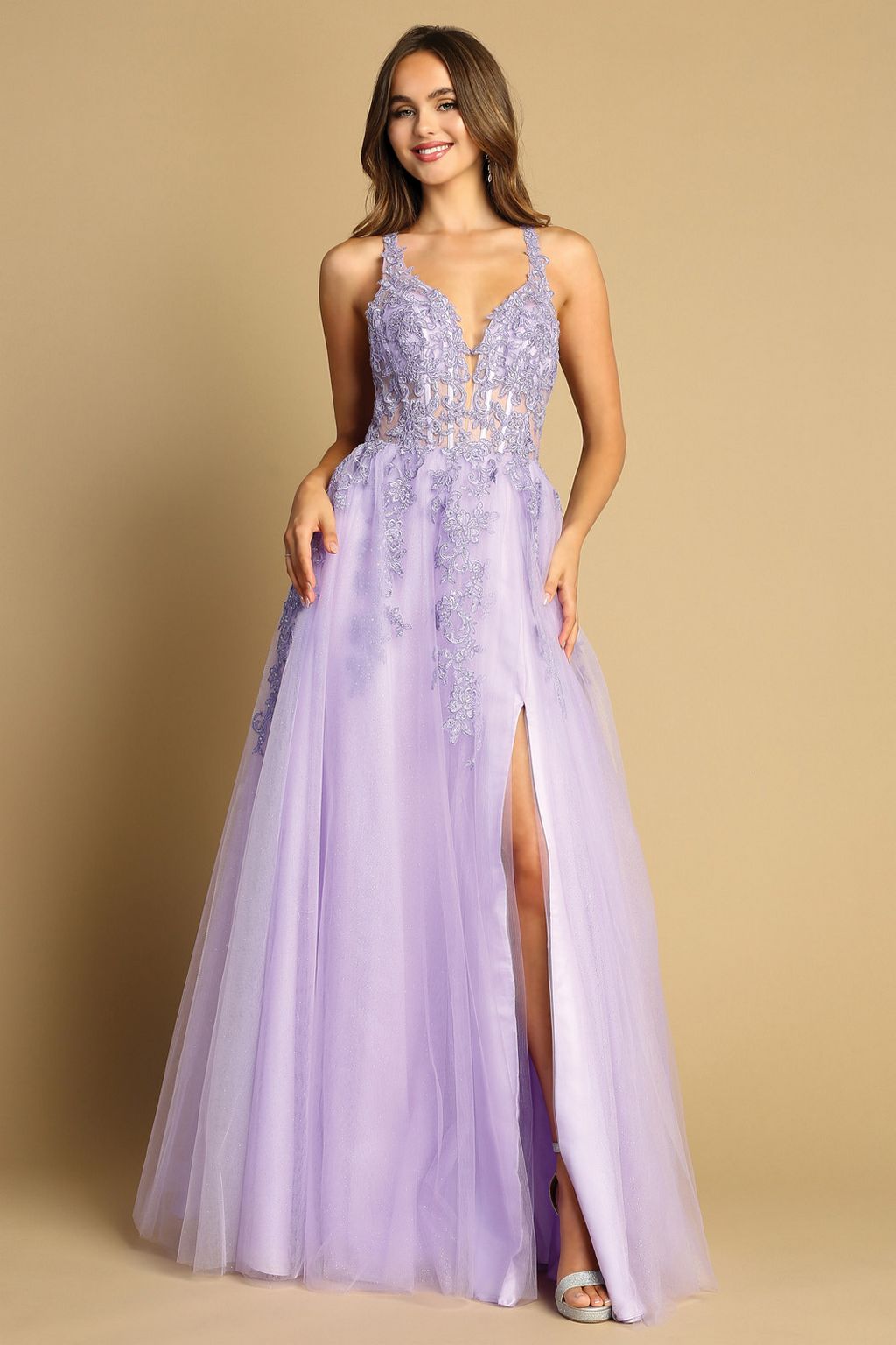 Adora 3088 Long Slit Prom A Line Lace fomal Dress