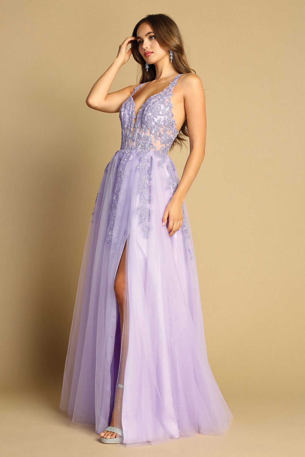 Adora 3088 Long Slit Prom A Line Lace fomal Dress