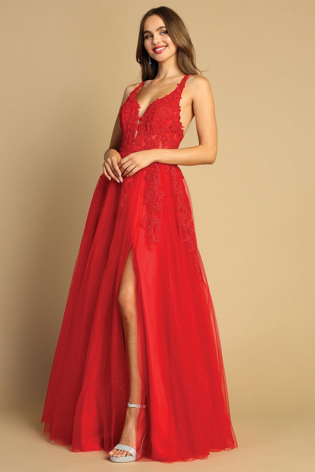 Adora 3088 Long Slit Prom A Line Lace fomal Dress