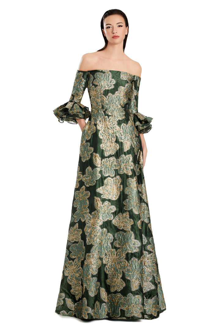 Printed Long Formal Evening Pocket DressSage/Gold