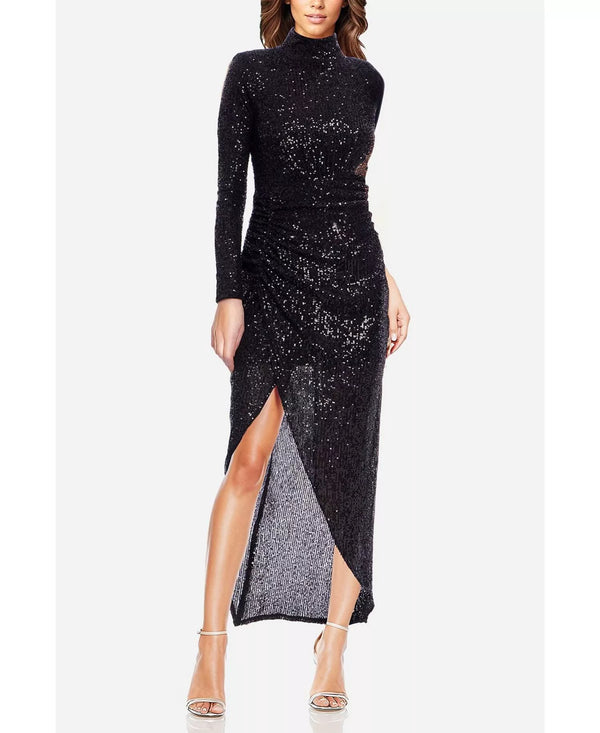 High Neck Floor-Length Sequin Formal Dress Long Sleeves Front Slit One 33 Social MK5014
