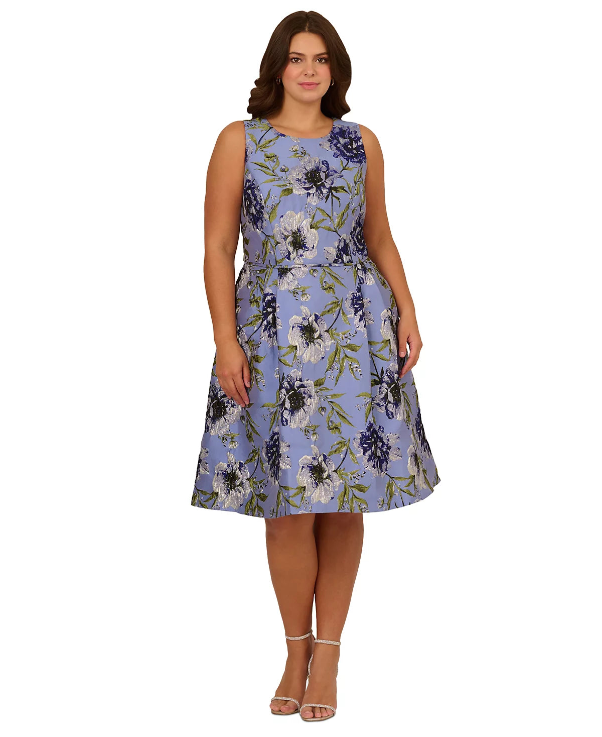 Blue Multi Adrianna Papell AP1D105646 Bateau Knee-Length Jacquard Cocktail Dress Floral