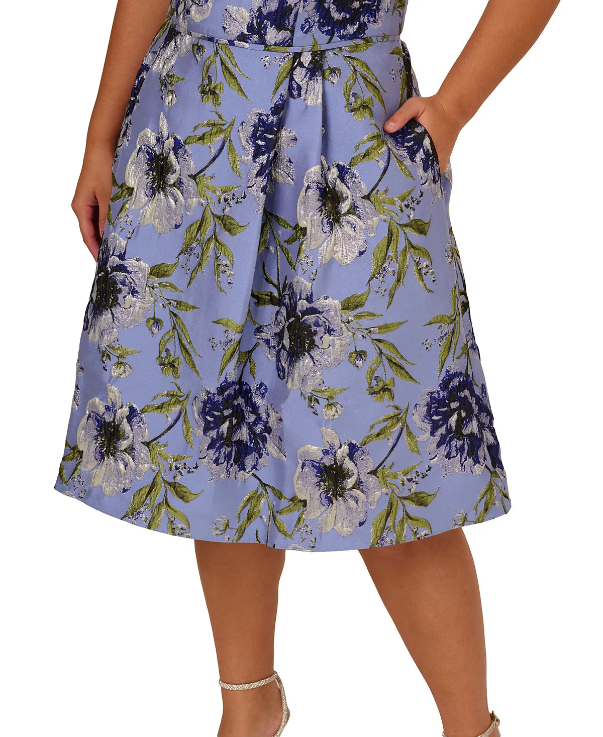 Blue Multi Adrianna Papell AP1D105646 Bateau Knee-Length Jacquard Cocktail Dress Floral