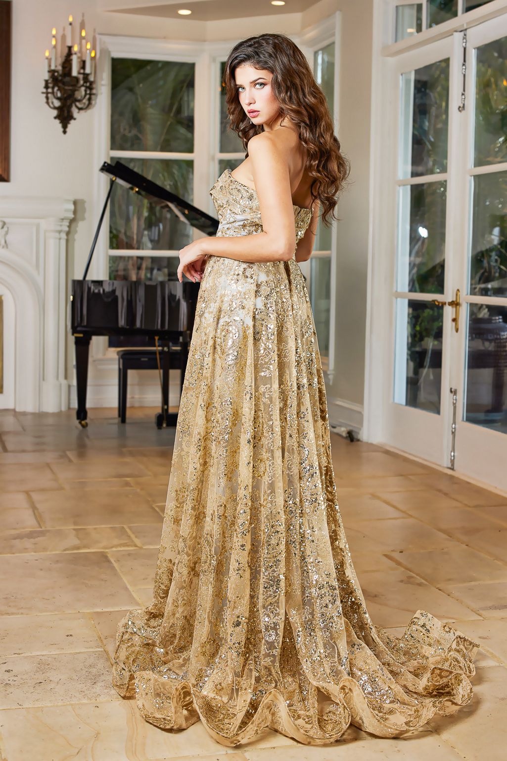 Adora Design 3107G Prom Long Glitter Print Overskirt Formal Dress
