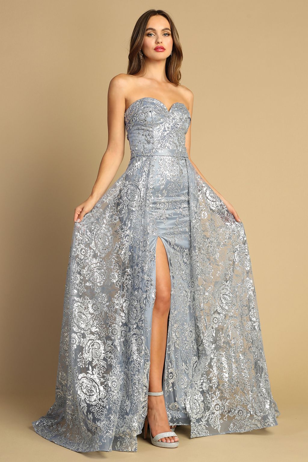Adora Design 3107G Prom Long Glitter Print Overskirt Formal Dress