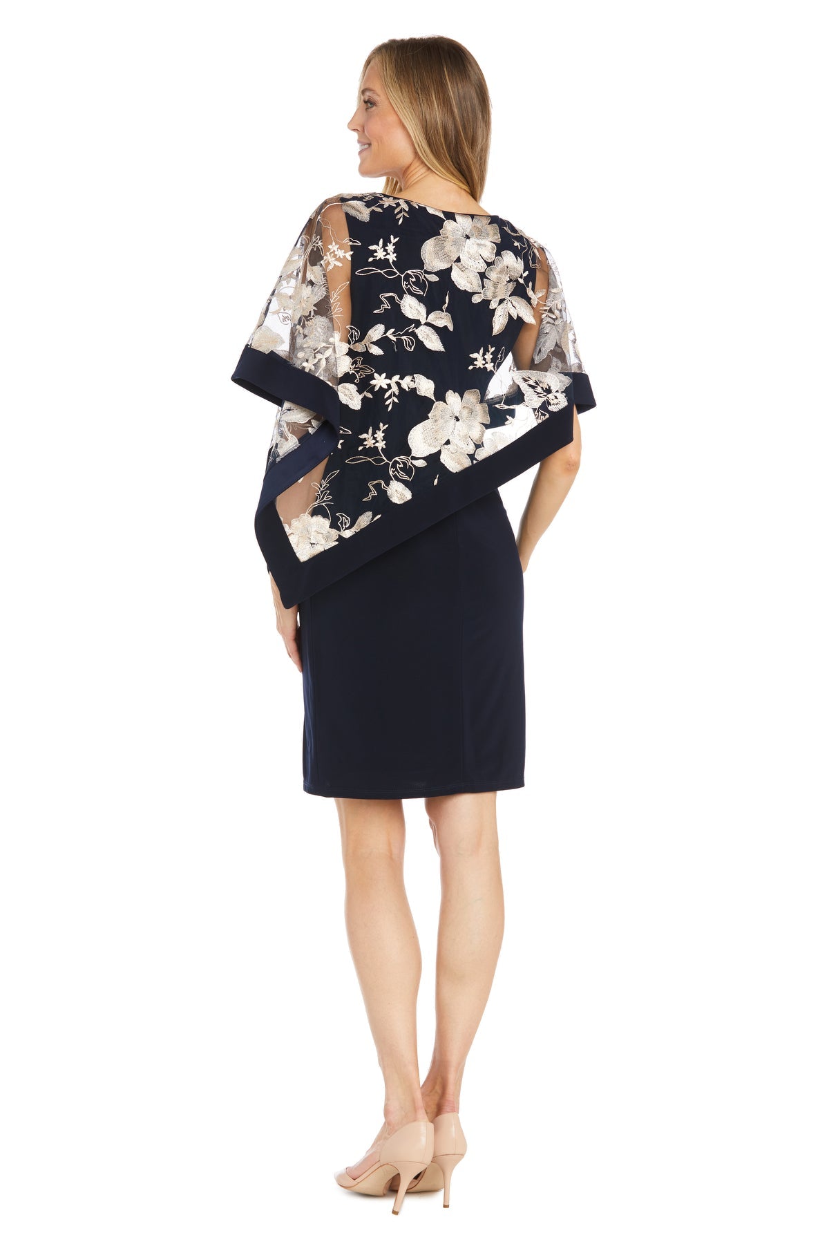 Boat Neck Knee-Length Floral Cocktail Dress by R&M Richards 3107P in Navy/Champagne